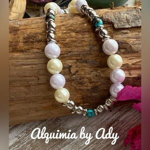 Silver turquoise and pearls big beads  short necklace